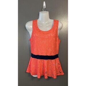 Rainbow Peplum Top Womens M Coral Lace Sleeveless Tank Black Waistband Layered